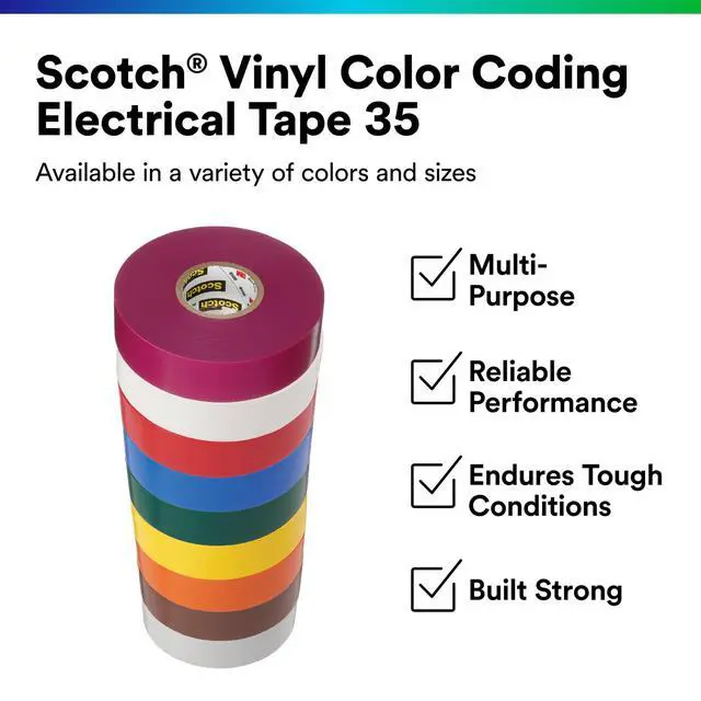 Alt view image 2 of 7 - Scotch Vinyl Color Coding Electrical Tape 35, Premium Grade, Flame Retardant, UV Resistant, Electrical and Mechanical Protection, Pink, 7 mil, 3/4 in x 66 ft, 1 Roll