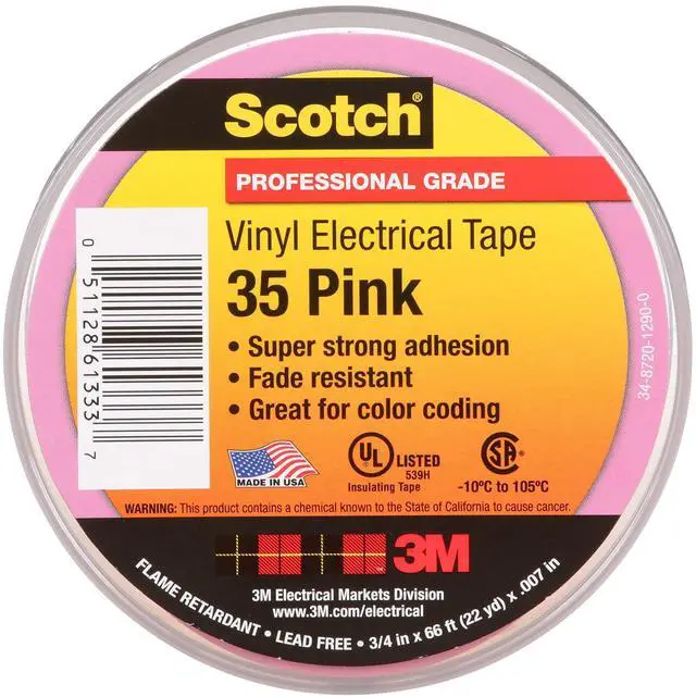 Main image of Scotch Vinyl Color Coding Electrical Tape 35, Premium Grade, Flame Retardant, UV Resistant, Electrical and Mechanical Protection, Pink, 7 mil, 3/4 in x 66 ft, 1 Roll