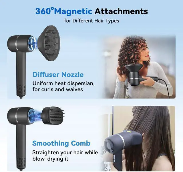 Alt view image 6 of 7 - Hair Dryer with Smoothing Brush,160000RPM High Speed Blow Dryer,Negative Ionic Care Hair Dryer,Fast Drying Less Heat Damage Blow Dryer,Thermo-Control Low Noise with Diffuser, Black