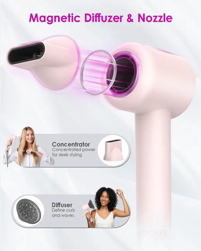 Alt view image 6 of 7 - High Speed Ionic Professional Hair Blow Dryer,160000 RPM Powerful Fast Drying Travel Hairdryer Blowdryer with Magnetic Diffuser, Concentrator Nozzle & Wall Mount Bracket, 3 Speeds & 4 Temps, Pink