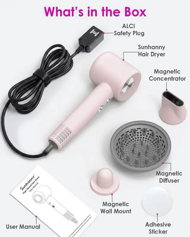 Alt view image 7 of 7 - High Speed Ionic Professional Hair Blow Dryer,160000 RPM Powerful Fast Drying Travel Hairdryer Blowdryer with Magnetic Diffuser, Concentrator Nozzle & Wall Mount Bracket, 3 Speeds & 4 Temps, Pink