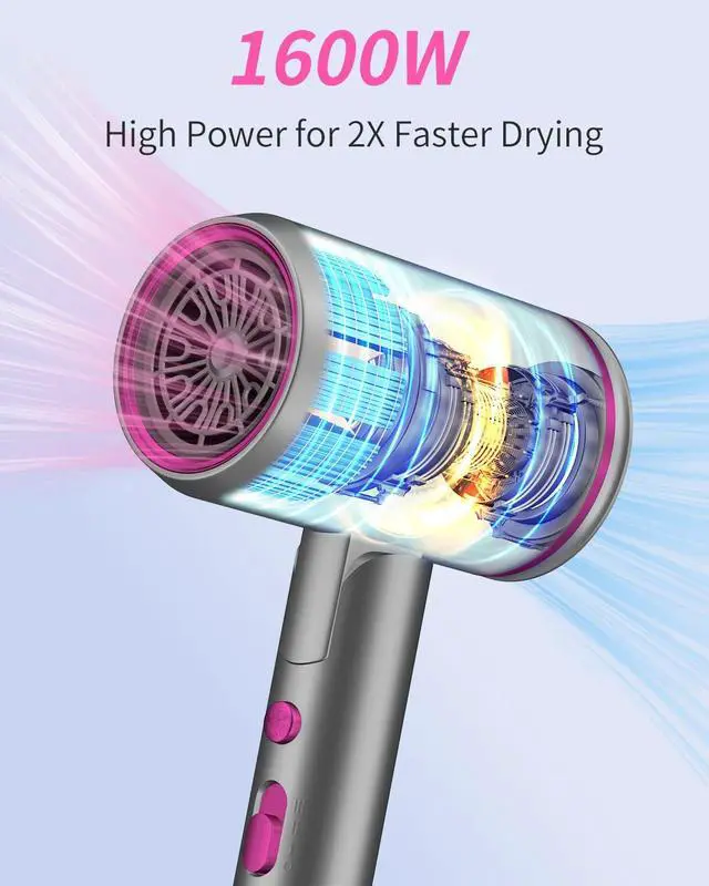 Alt view image 2 of 7 - Foldable Portable Ionic Hair Dryer 1600W - Compact Mini Blow Dryer with Diffuser, Concentrator & Comb Nozzle, Intelligent Temperature Control, Low Noise for Home, Salon & Travel (Grey)