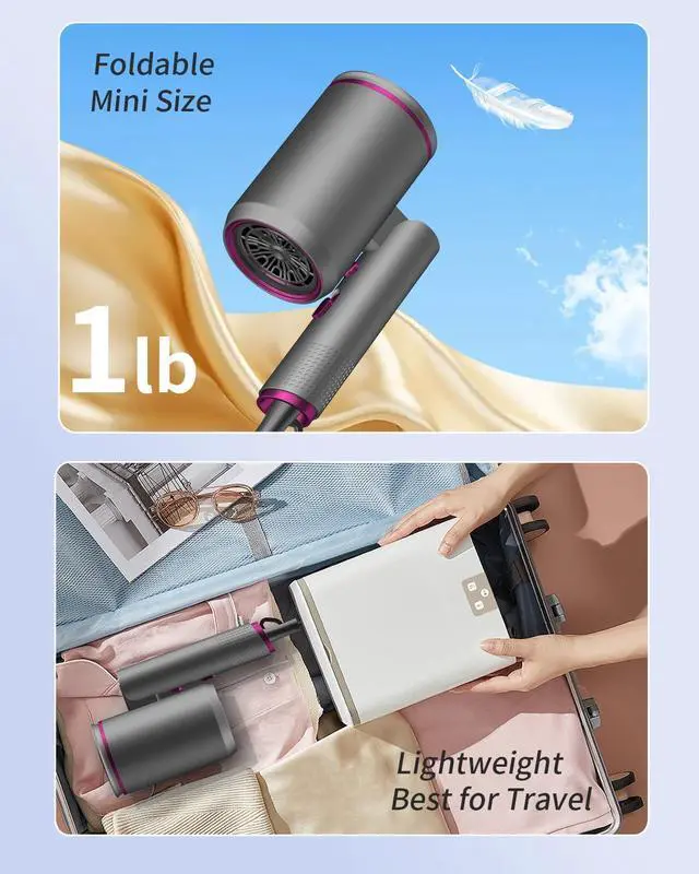 Alt view image 6 of 7 - Foldable Portable Ionic Hair Dryer 1600W - Compact Mini Blow Dryer with Diffuser, Concentrator & Comb Nozzle, Intelligent Temperature Control, Low Noise for Home, Salon & Travel (Grey)