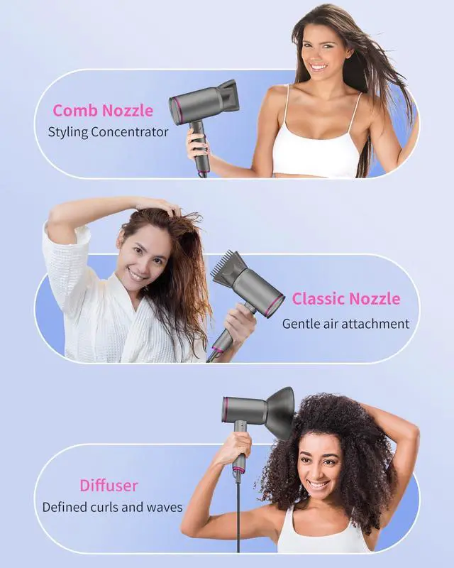 Alt view image 7 of 7 - Foldable Portable Ionic Hair Dryer 1600W - Compact Mini Blow Dryer with Diffuser, Concentrator & Comb Nozzle, Intelligent Temperature Control, Low Noise for Home, Salon & Travel (Grey)
