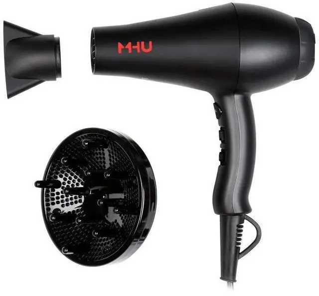 Main image of MHU Professional Salon Grade 1875w Low Noise Ionic Ceramic Ac Infrared Heat Hair Dryer Plus One Concentrator and One Diffuser Black Color