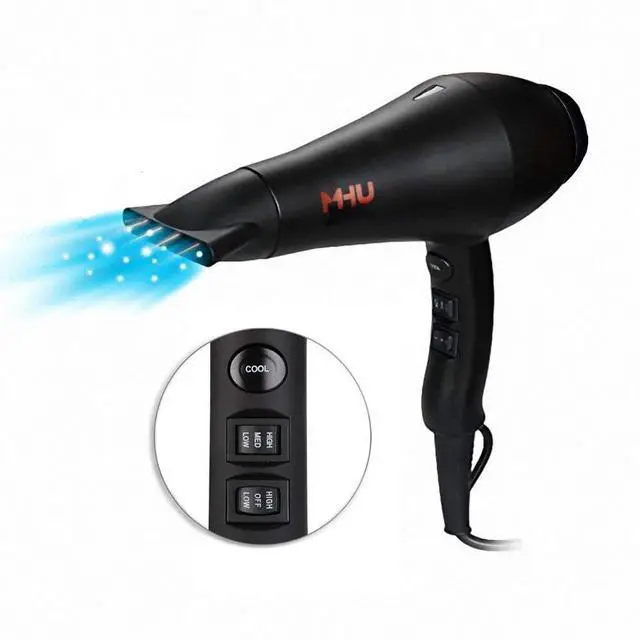 Alt view image 2 of 7 - MHU Professional Salon Grade 1875w Low Noise Ionic Ceramic Ac Infrared Heat Hair Dryer Plus One Concentrator and One Diffuser Black Color