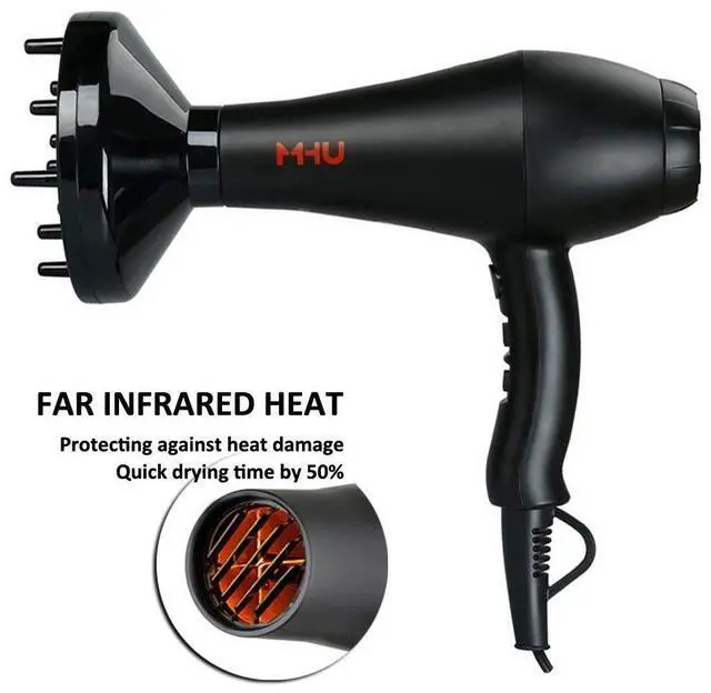 Alt view image 3 of 7 - MHU Professional Salon Grade 1875w Low Noise Ionic Ceramic Ac Infrared Heat Hair Dryer Plus One Concentrator and One Diffuser Black Color