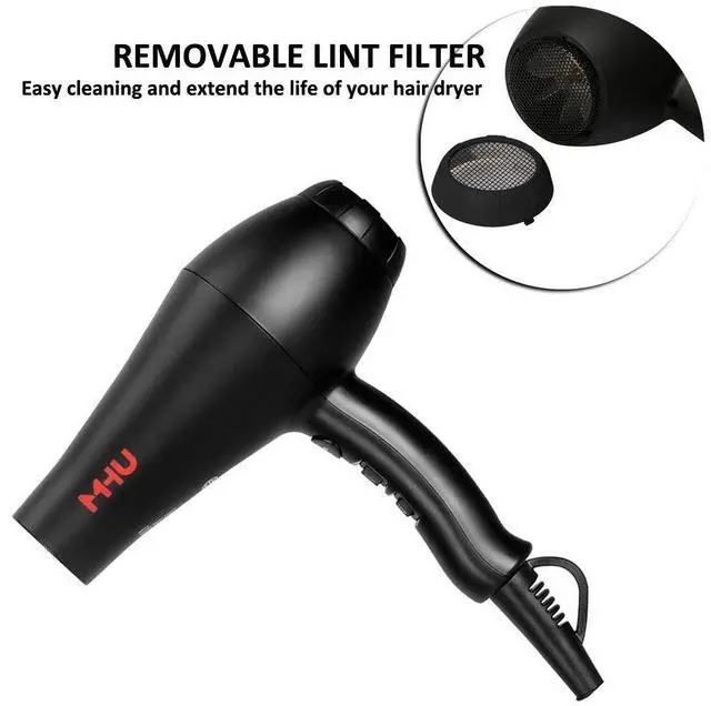 Alt view image 4 of 7 - MHU Professional Salon Grade 1875w Low Noise Ionic Ceramic Ac Infrared Heat Hair Dryer Plus One Concentrator and One Diffuser Black Color