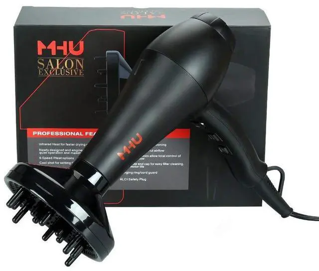 Alt view image 6 of 7 - MHU Professional Salon Grade 1875w Low Noise Ionic Ceramic Ac Infrared Heat Hair Dryer Plus One Concentrator and One Diffuser Black Color