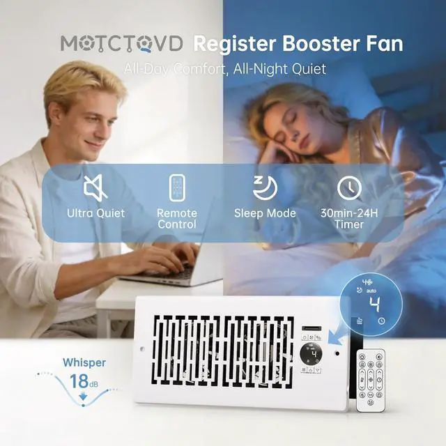 Alt view image 3 of 7 - Smart Register Booster Fan Fits 4" x 10" Register Holes, 10-Speed Quiet Vent Fan Booster, Smart Thermostat Control for Improves Heating and Cooling with Remote for Floor or Wall Vents