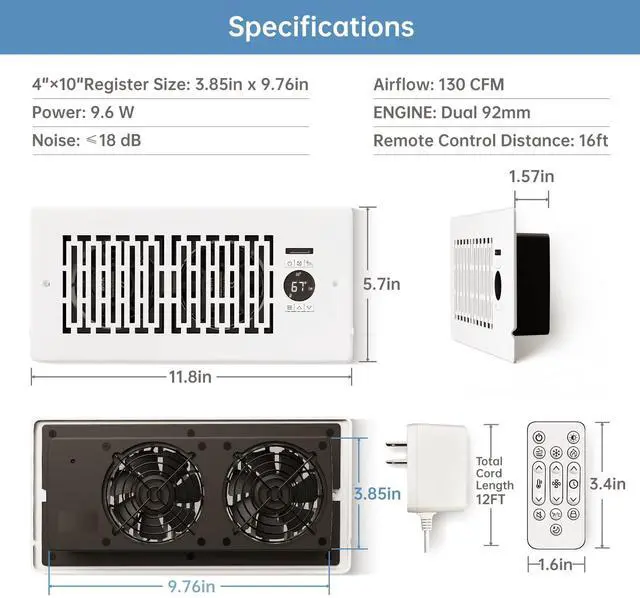 Alt view image 6 of 7 - Smart Register Booster Fan Fits 4" x 10" Register Holes, 10-Speed Quiet Vent Fan Booster, Smart Thermostat Control for Improves Heating and Cooling with Remote for Floor or Wall Vents