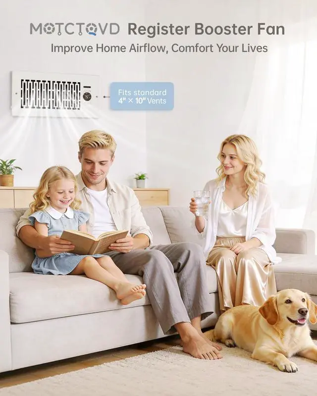 Alt view image 7 of 7 - Smart Register Booster Fan Fits 4" x 10" Register Holes, 10-Speed Quiet Vent Fan Booster, Smart Thermostat Control for Improves Heating and Cooling with Remote for Floor or Wall Vents