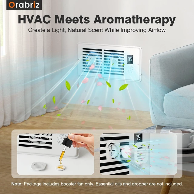 Alt view image 4 of 6 - AC Vent Booster Fan 4" x 10" Register, Improves Room Airflow, 2Pack Quiet 10-Speed Air Booster with Thermostat Control, Remote & LCD Display, Aroma Pad Slot