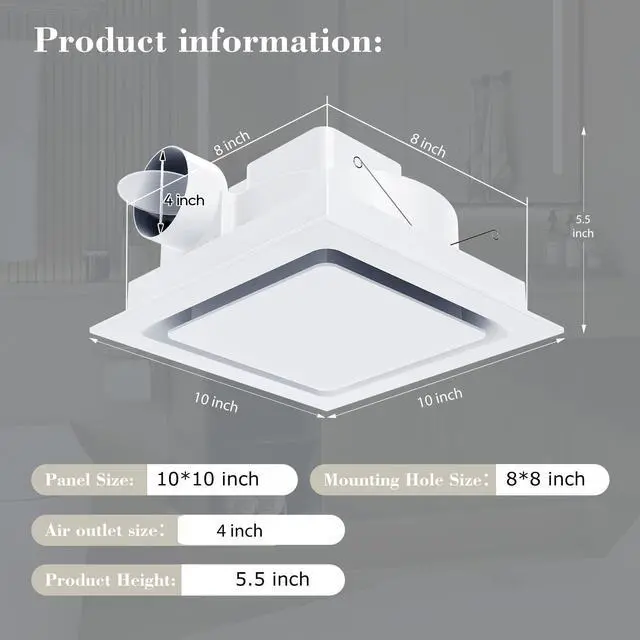 Alt view image 2 of 7 - Bathroom Exhaust Fan 10" Panel Ultra Quiet without Light(8x8 Mount), 110CFM, 4" Duct for Bathroom/Garage/Home