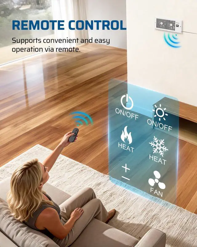Alt view image 5 of 7 - 4'' x 10'' Quiet Register Booster Fan with Remote Control & Smart Intelligent Thermostat, 5-Speed Vent Fan Booster, Enhances AC Heating & Cooling Airflow for Floor, Wall, White