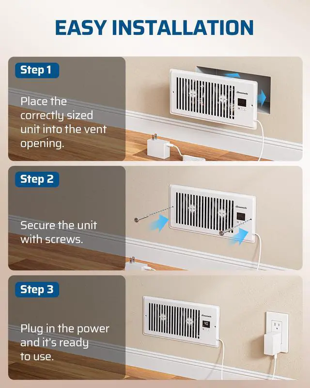 Alt view image 7 of 7 - 4'' x 10'' Quiet Register Booster Fan with Remote Control & Smart Intelligent Thermostat, 5-Speed Vent Fan Booster, Enhances AC Heating & Cooling Airflow for Floor, Wall, White