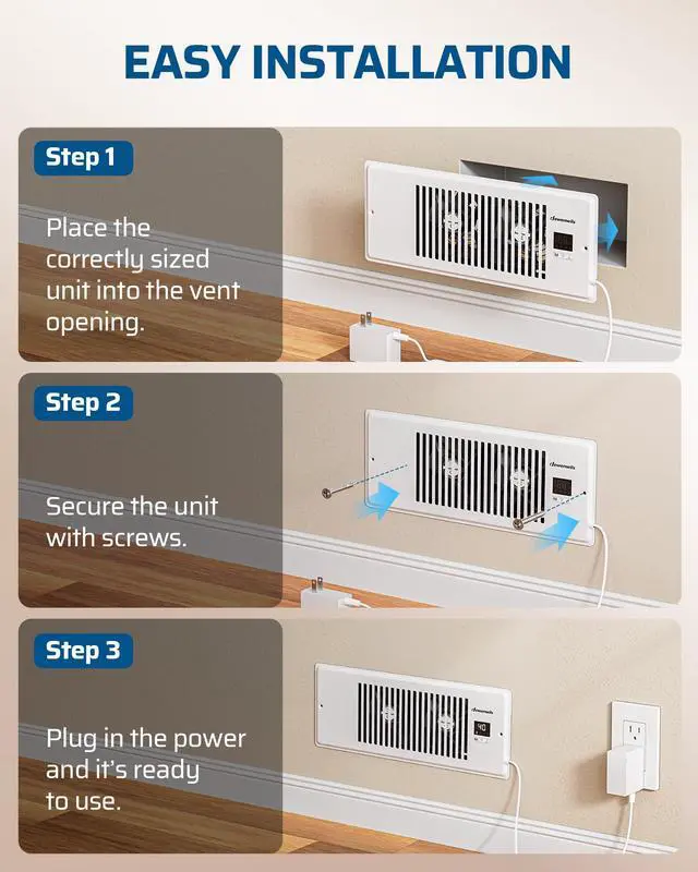 Alt view image 7 of 7 - 4'' x 12'' Quiet Register Booster Fan with Remote Control & Smart Intelligent Thermostat, 5-Speed Vent Fan Booster, Enhances AC Heating & Cooling Airflow for Floor, Wall, White