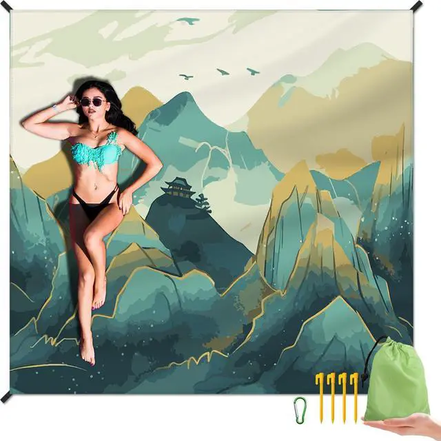 Main image of Beach Blanket Waterproof Sandproof Large Beach Mat 79" X 83" for 2-4 Adults Sand Free Mat Quick Drying,Lightweight & Durable with 4 Stakes & 4 Corner Pockets for Beach Travel Camping.(Mountain)