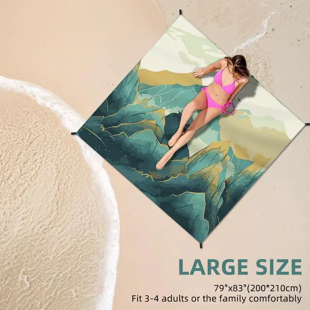 Alt view image 3 of 7 - Beach Blanket Waterproof Sandproof Large Beach Mat 79" X 83" for 2-4 Adults Sand Free Mat Quick Drying,Lightweight & Durable with 4 Stakes & 4 Corner Pockets for Beach Travel Camping.(Mountain)