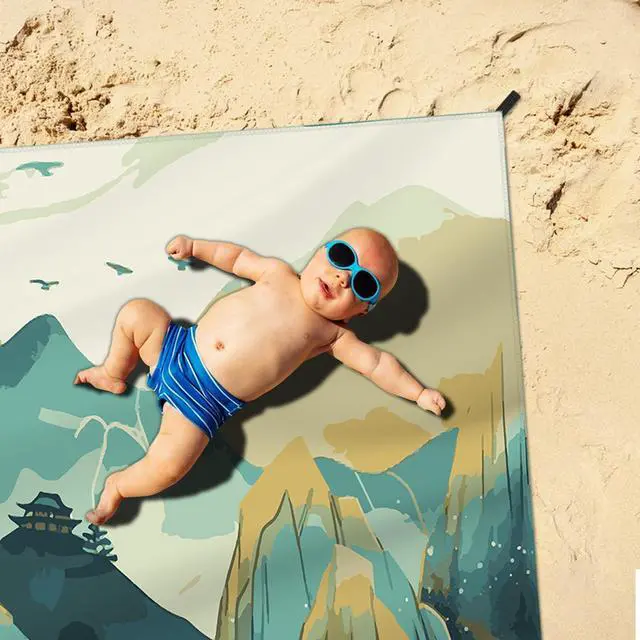 Alt view image 6 of 7 - Beach Blanket Waterproof Sandproof Large Beach Mat 79" X 83" for 2-4 Adults Sand Free Mat Quick Drying,Lightweight & Durable with 4 Stakes & 4 Corner Pockets for Beach Travel Camping.(Mountain)