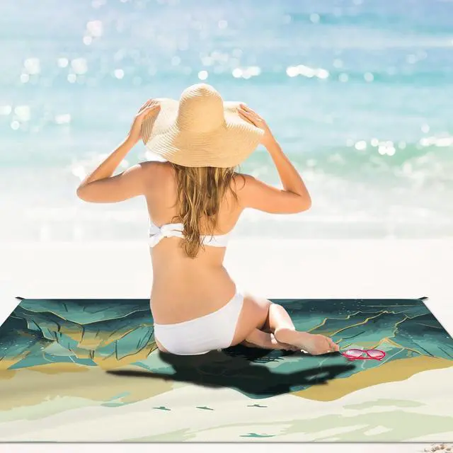 Alt view image 4 of 7 - Beach Blanket Waterproof Sandproof Large Beach Mat 79" X 83" for 2-4 Adults Sand Free Mat Quick Drying,Lightweight & Durable with 4 Stakes & 4 Corner Pockets for Beach Travel Camping.(Mountain)