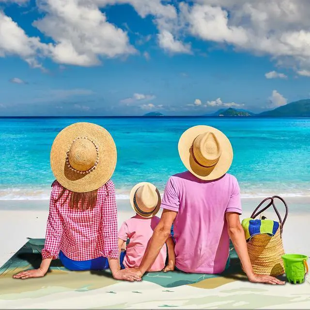Alt view image 5 of 7 - Beach Blanket Waterproof Sandproof Large Beach Mat 79" X 83" for 2-4 Adults Sand Free Mat Quick Drying,Lightweight & Durable with 4 Stakes & 4 Corner Pockets for Beach Travel Camping.(Mountain)