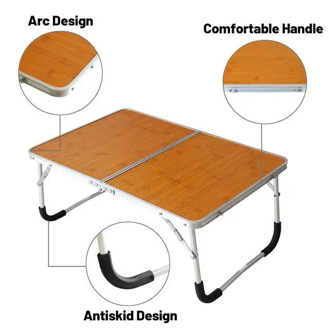 Alt view image 2 of 7 - Foldable Laptop Table, Bed Desk, Breakfast Serving Bed Tray, Portable Mini Picnic Table & Ultra Lightweight, Folds in Half with Inner Storage Space (Bamboo Wood Grain)