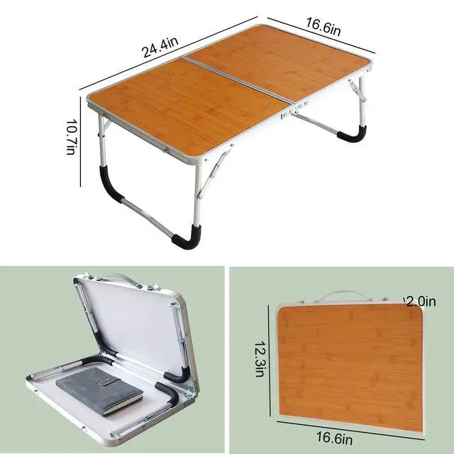 Alt view image 4 of 7 - Foldable Laptop Table, Bed Desk, Breakfast Serving Bed Tray, Portable Mini Picnic Table & Ultra Lightweight, Folds in Half with Inner Storage Space (Bamboo Wood Grain)