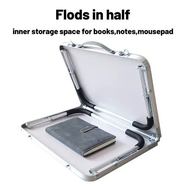 Alt view image 3 of 7 - Foldable Laptop Table, Bed Desk, Breakfast Serving Bed Tray, Portable Mini Picnic Table & Ultra Lightweight, Folds in Half with Inner Storage Space (Bamboo Wood Grain)