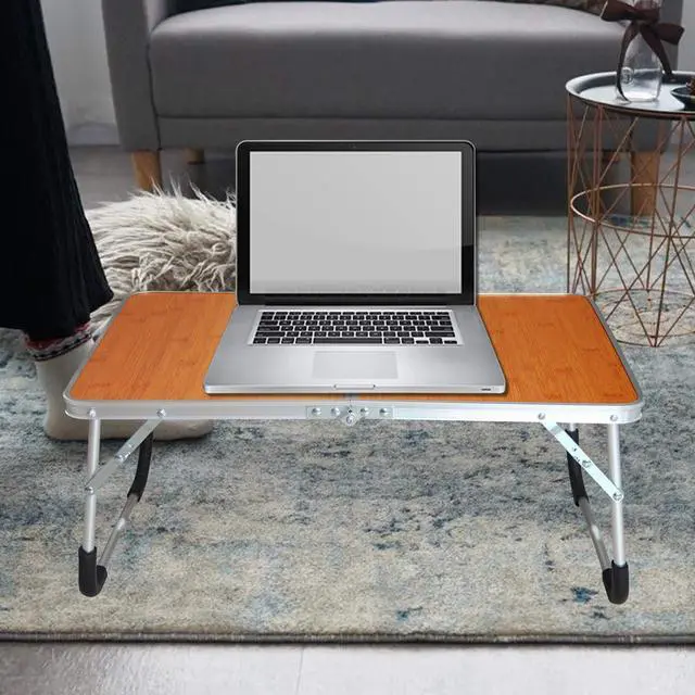Alt view image 6 of 7 - Foldable Laptop Table, Bed Desk, Breakfast Serving Bed Tray, Portable Mini Picnic Table & Ultra Lightweight, Folds in Half with Inner Storage Space (Bamboo Wood Grain)
