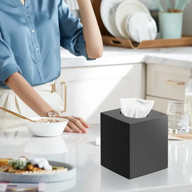 Alt view image 2 of 6 - Tissue Box Cover, Square Modern Facial Acrylic Tissue Holder Napkin Dispenser Accessories for Bathroom Vanity Countertop,Bedroom Dresser,Night Stand,Desk,Office (Black)