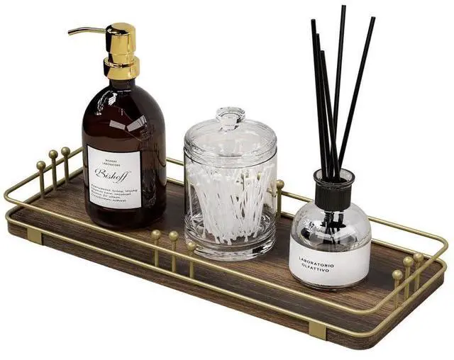 Main image of Bathroom Vanity Tray for Countertop Toiletries Perfume Makeup Soap Dispenser Toilet Tank, Kitchen Tray for Salt Spice, Decor Tray for Candle Nightstand Coffee 11.3x 4.4 Brown-Gold