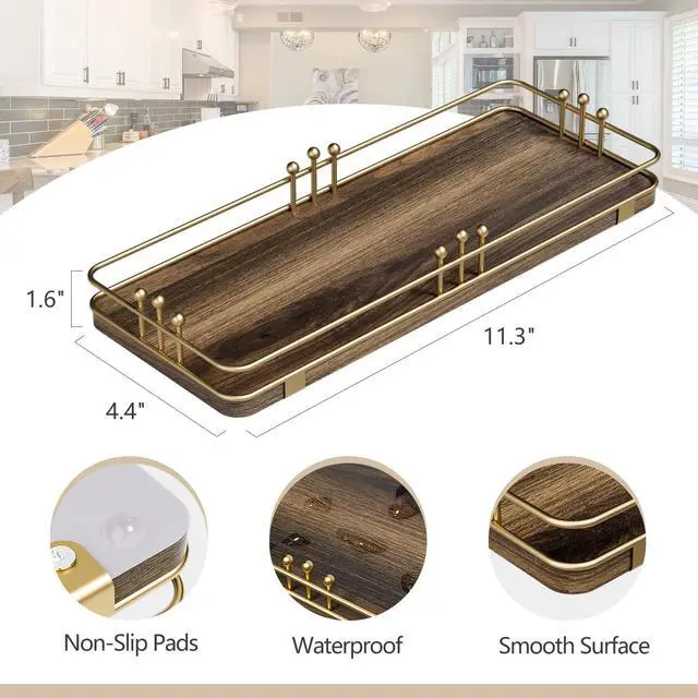 Alt view image 2 of 7 - Bathroom Vanity Tray for Countertop Toiletries Perfume Makeup Soap Dispenser Toilet Tank, Kitchen Tray for Salt Spice, Decor Tray for Candle Nightstand Coffee 11.3x 4.4 Brown-Gold