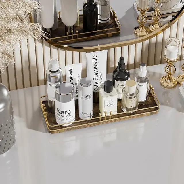 Alt view image 3 of 7 - Bathroom Vanity Tray for Countertop Toiletries Perfume Makeup Soap Dispenser Toilet Tank, Kitchen Tray for Salt Spice, Decor Tray for Candle Nightstand Coffee 11.3x 4.4 Brown-Gold