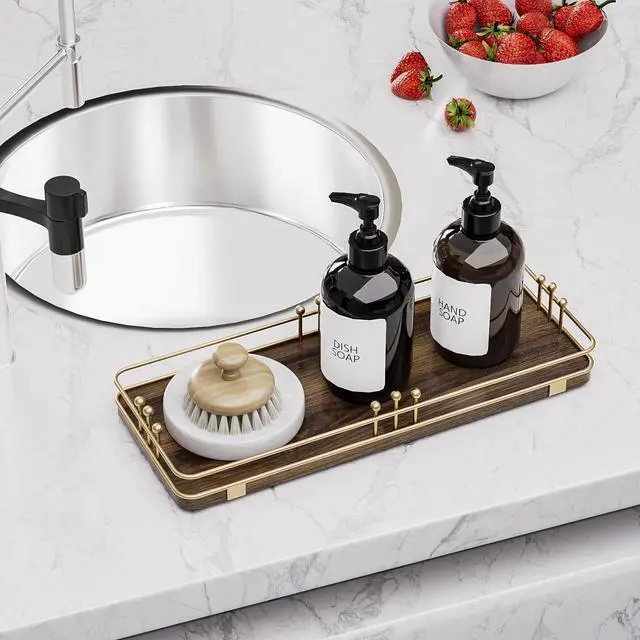 Alt view image 4 of 7 - Bathroom Vanity Tray for Countertop Toiletries Perfume Makeup Soap Dispenser Toilet Tank, Kitchen Tray for Salt Spice, Decor Tray for Candle Nightstand Coffee 11.3x 4.4 Brown-Gold