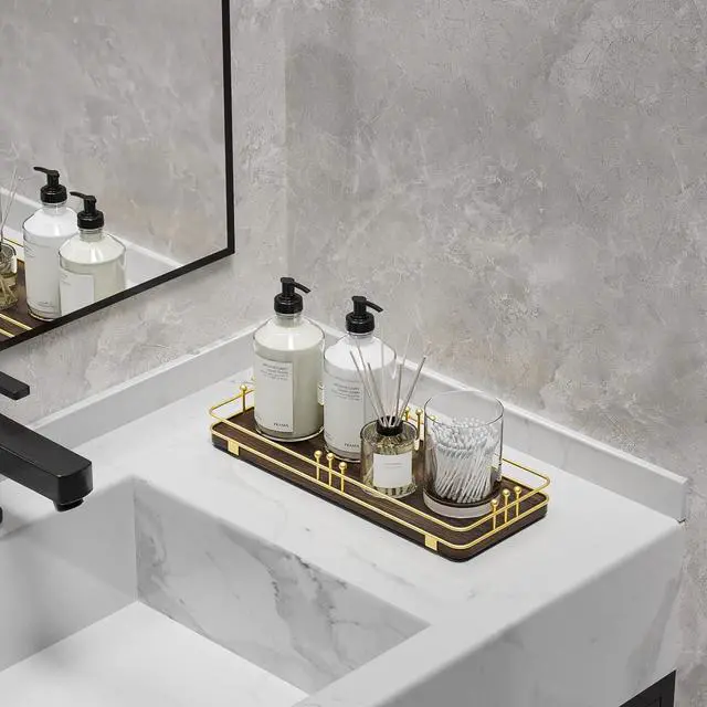 Alt view image 5 of 7 - Bathroom Vanity Tray for Countertop Toiletries Perfume Makeup Soap Dispenser Toilet Tank, Kitchen Tray for Salt Spice, Decor Tray for Candle Nightstand Coffee 11.3x 4.4 Brown-Gold