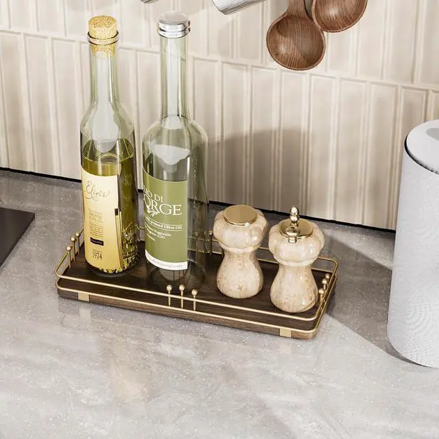 Alt view image 6 of 7 - Bathroom Vanity Tray for Countertop Toiletries Perfume Makeup Soap Dispenser Toilet Tank, Kitchen Tray for Salt Spice, Decor Tray for Candle Nightstand Coffee 11.3x 4.4 Brown-Gold