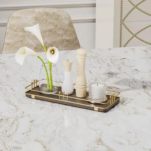 Alt view image 7 of 7 - Bathroom Vanity Tray for Countertop Toiletries Perfume Makeup Soap Dispenser Toilet Tank, Kitchen Tray for Salt Spice, Decor Tray for Candle Nightstand Coffee 11.3x 4.4 Brown-Gold