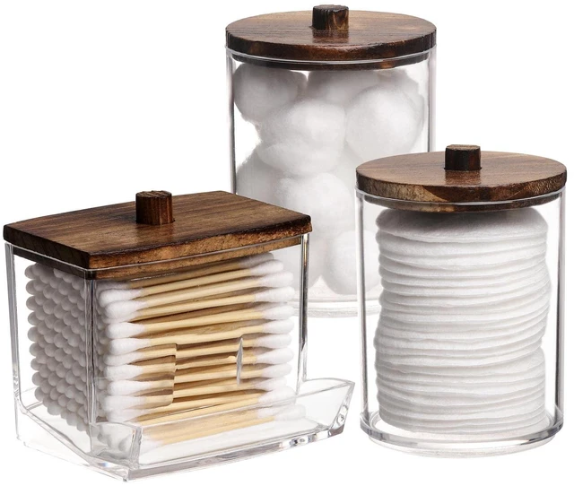 Main image of 3 Pack Qtips Holder Bathroom Container, 10 oz Cotton Ball/Swabs Dispenser, Apothecary Jar Organizer for Storage Brown Wood Lids