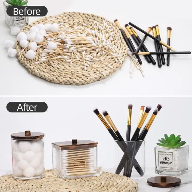 Alt view image 6 of 7 - 4 Pack Qtip Holder Bathroom Container, 10/7oz Cotton Ball/Swabs Dispenser, Apothecary Jar with Bamboo Lids for Organizer and Storage (Brown)