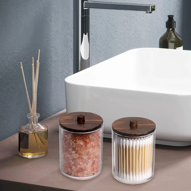Alt view image 6 of 7 - 3 Pack Qtips Holder Bathroom Container, 10 oz Cotton Ball/Swabs Dispenser, Apothecary Jar Organizer for Storage Brown Wood Lids