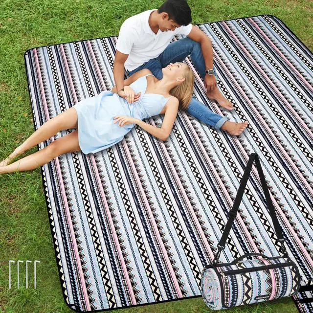 Main image of Picnic Blankets Extra Large Outdoor - Beach Blanket Waterproof Sandproof with Shoulder Strap, Machine Washable, Picnic Mat with Stakes for Grass Concert, Park.BohoGeometry