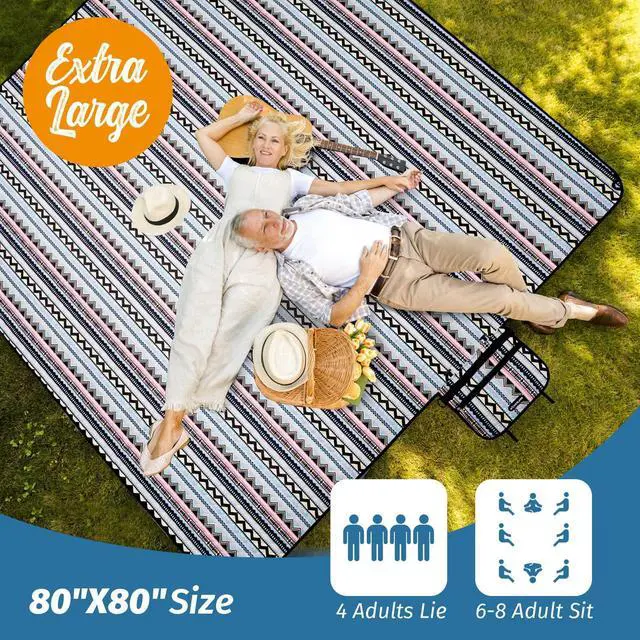 Alt view image 4 of 7 - Picnic Blankets Extra Large Outdoor - Beach Blanket Waterproof Sandproof with Shoulder Strap, Machine Washable, Picnic Mat with Stakes for Grass Concert, Park.BohoGeometry