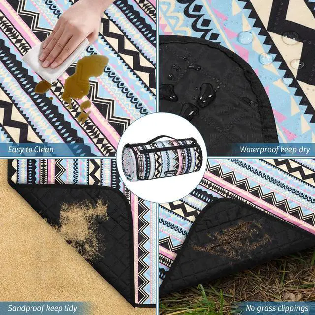 Alt view image 7 of 7 - Picnic Blankets Extra Large Outdoor - Beach Blanket Waterproof Sandproof with Shoulder Strap, Machine Washable, Picnic Mat with Stakes for Grass Concert, Park.BohoGeometry