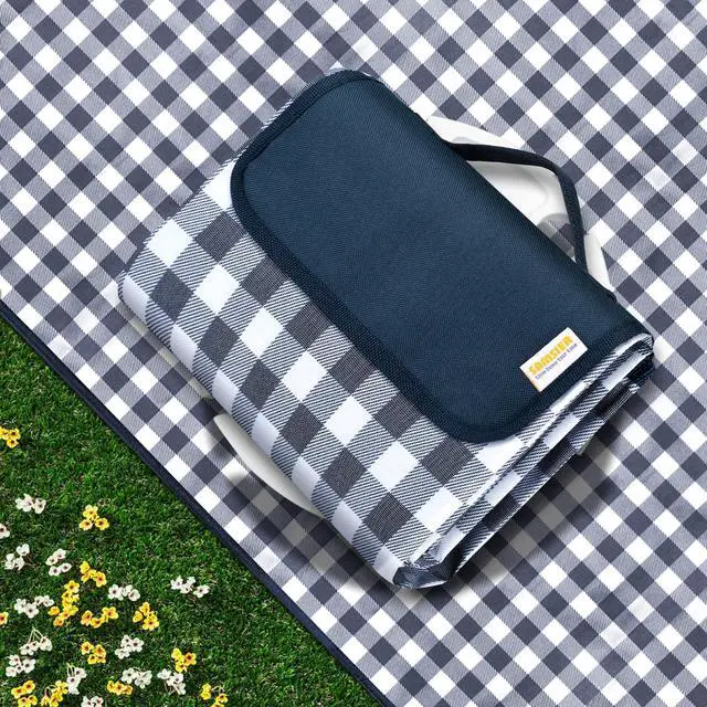 Main image of Outdoor Picnic Blankets Waterproof Foldable Sandproof, Large Gingham Cute Picnic Mat Washable Portable for Park Beach Camping Courtyard (Navy Blue, 60"×80")