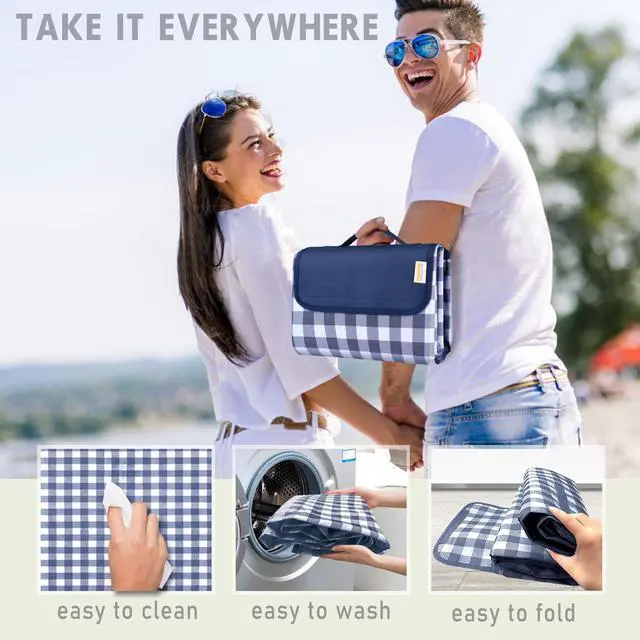 Alt view image 5 of 7 - Outdoor Picnic Blankets Waterproof Foldable Sandproof, Large Gingham Cute Picnic Mat Washable Portable for Park Beach Camping Courtyard (Navy Blue, 60"×80")