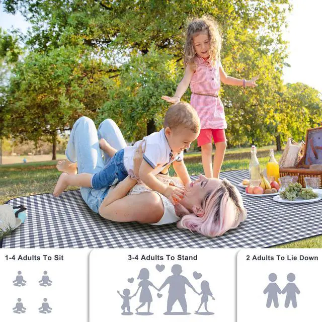 Alt view image 3 of 7 - Outdoor Picnic Blankets Waterproof Foldable Sandproof, Large Gingham Cute Picnic Mat Washable Portable for Park Beach Camping Courtyard (Navy Blue, 60"×80")