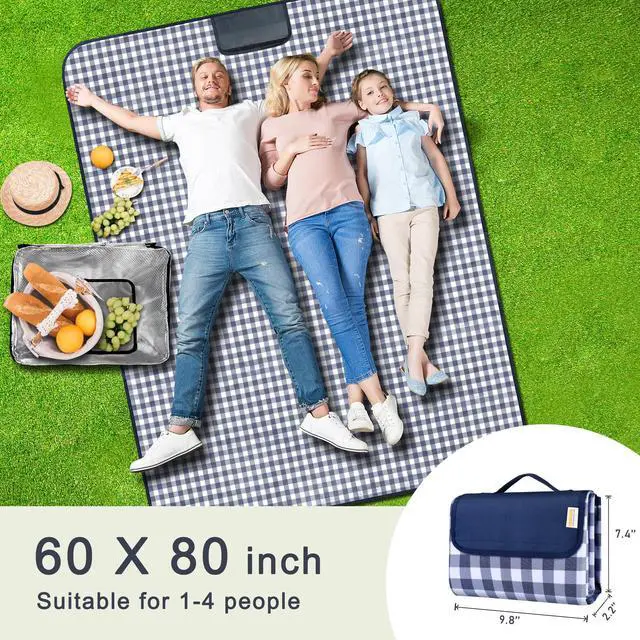 Alt view image 2 of 7 - Outdoor Picnic Blankets Waterproof Foldable Sandproof, Large Gingham Cute Picnic Mat Washable Portable for Park Beach Camping Courtyard (Navy Blue, 60"×80")
