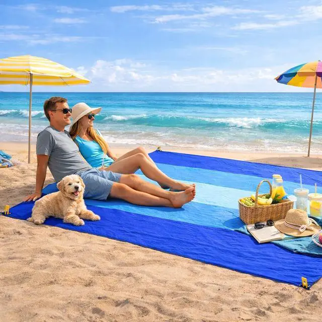 Alt view image 7 of 7 - Beach Blanket Sandproof Waterproof 79" x 55", Portable Picnic Mat Mat, Sand Free Quick Drying Camping Blanket, Lightweight Beach Essentials for Picnic & Travel