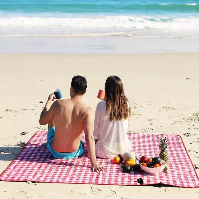 Alt view image 6 of 7 - Large Picnic Blankets,80x60in Beach Blanket Sandproof Beach Mat for 3-5 Adults Waterproof Quick Drying Outdoor Picnic Mat for Travel Camping Hiking(Red Plaids)
